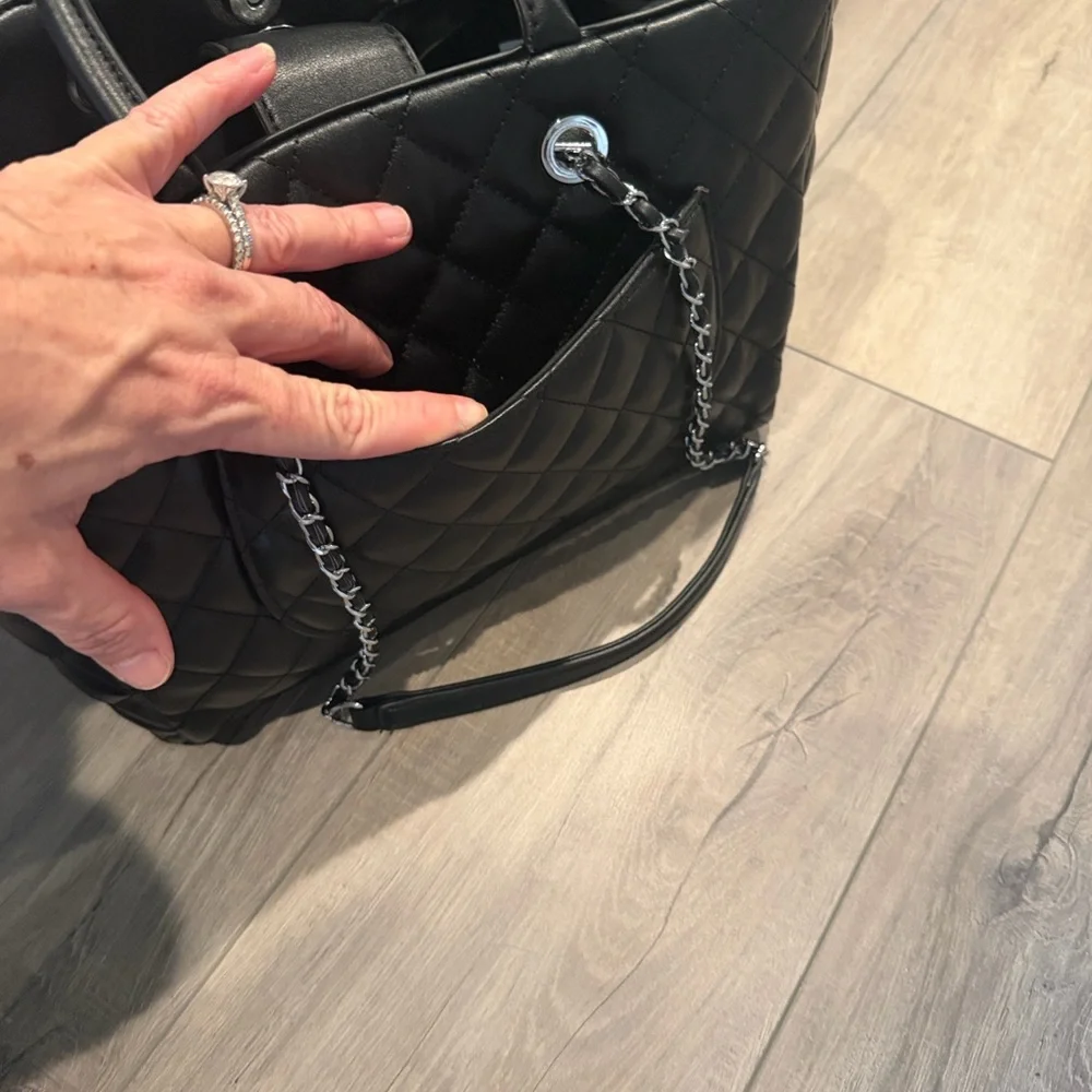 Black Quilted Tote Bag with Chain Straps - Picture 7 of 7